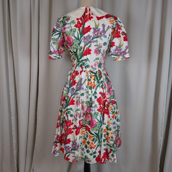 Vintage 80s Floral Cotton Dress Peter Pan Collar Cottagecore Midi - Picture 16 of 16